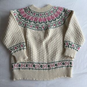 Vintage Cream and Pink Rose Patterned Women's 100% Wool Sweater